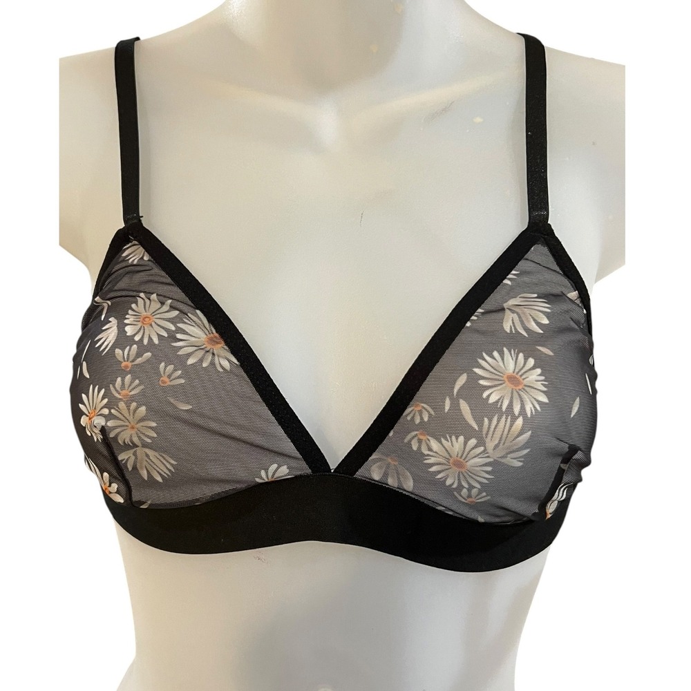 Sheer Black Bralette w/ White & Yellow Daisies Spaghetti Strap Sexy Mesh Small